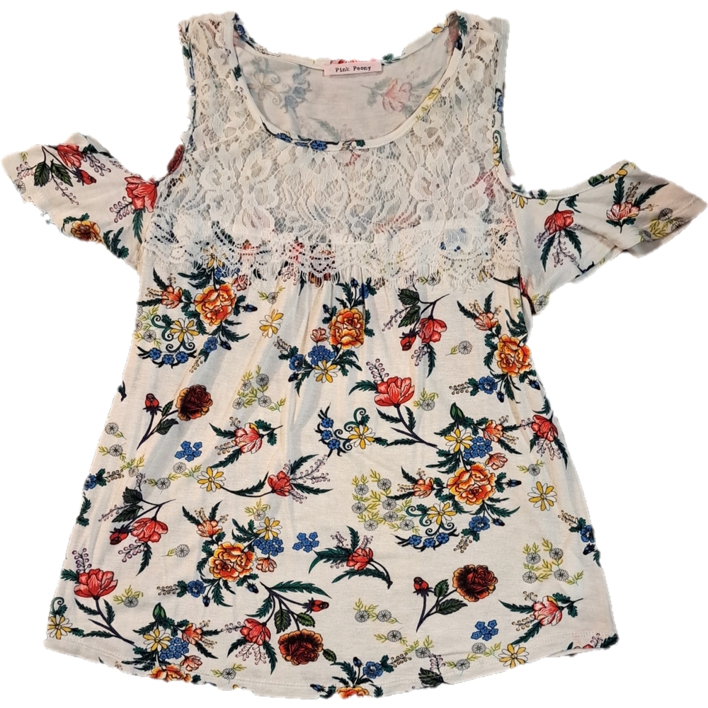 Pink Peony Size M Floral Lace Cold Shoulder Top